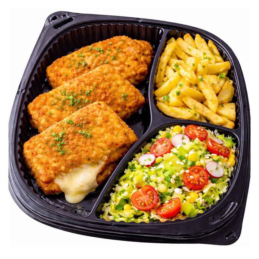 Vegetarijanski meni — pohovani kačkavalj, pomfrit, sezonska salata